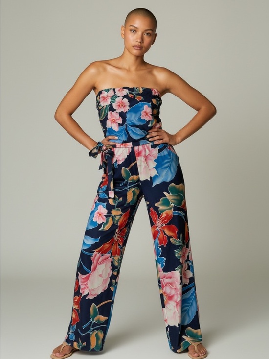 Veronica M Pants - Veronica M Floral Strapless Wide-Leg Jumpsuit - Navy, Blue, Pink, Red